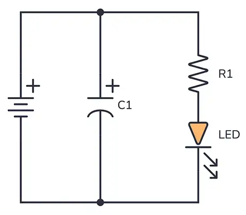 circuito con condensador resistor y led